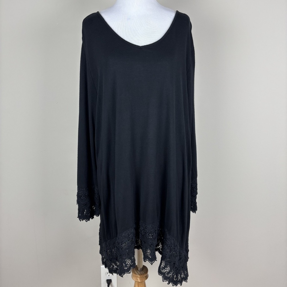 Ulla Popken Tunic Top Womens 16/18 Black Lace Trim 3/4 Sleeve V-Neck A-Line Boho